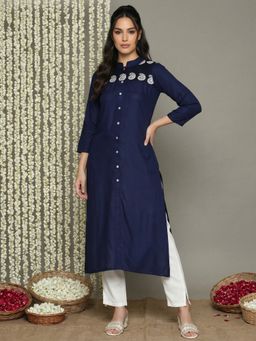Jompers - Navy Blue Yoke Embroidered Kurta