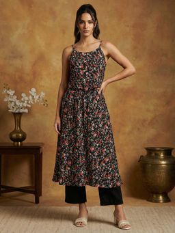 Jompers - Black Floral Print Flared Kurta