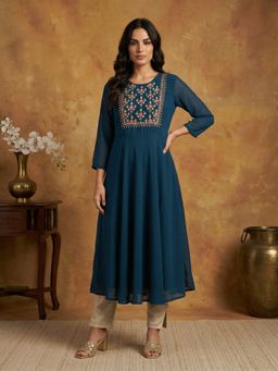 Jompers - Teal Embroidered Yoke Flared Gorgette Kurta