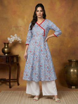 Jompers - Blue Angrakha Style Floral Printed Flared Kurta