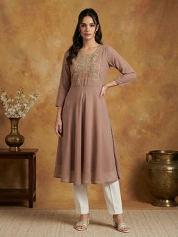 Jompers - Brown Embroidered Yoke Flared Gorgette Kurta