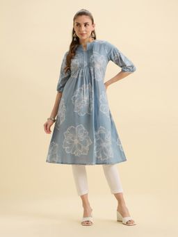 VISMAY - Light Blue Pure Cotton Flared Printed Pleats Kurta