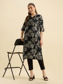 VISMAY - Black Ploy Viscose Flared Printed Princesscut Kurta