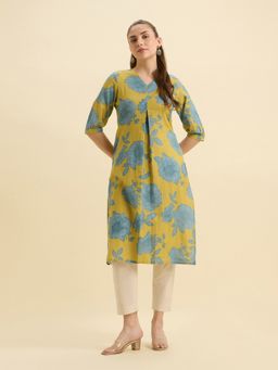 VISMAY - Yellow Cotton Flax Printed Slited Box Pleat Kurta