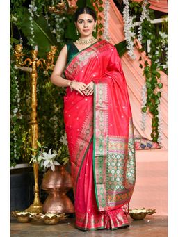 Beatitude - Reddish Pink Soft Silk Banarasi Woven Saree Designer Border with Unstitched Blouse