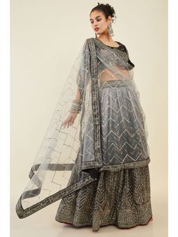 Soch - Women Charcoal Georgette Ombre Unstitch Lehenga with Sequins Embellishments (Set of 3)