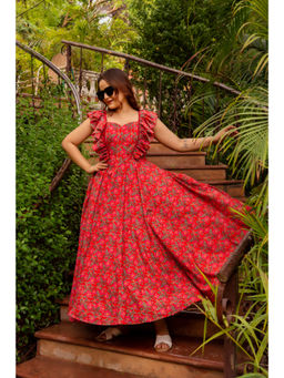 POMCHA - Red Gaurangi Inaya Cotton Floral Dress