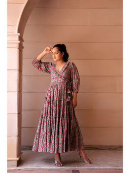 POMCHA - Grey Kapaas Floral Ruffle Maxi Dress