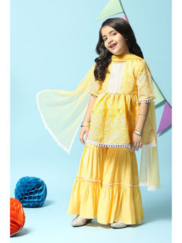 Biba - Girls Yellow Printed Poly Viscose Gathered Sharara (Set of 3)