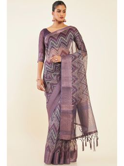 Soch - Women Purple Chanderi Printed Saree with Unstitched Blouse