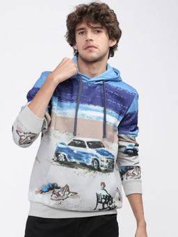 HIGHLANDER - Mens Grey & Blue Graphic Hoodie