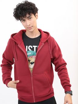 HIGHLANDER - Mens Maroon Hooded Front Open Jacket