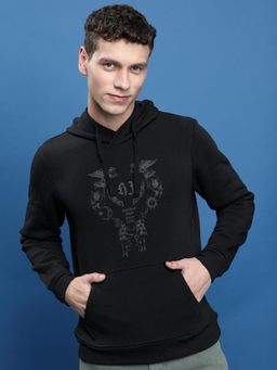 HIGHLANDER - Mens Black Graphic Cotton Pullover Hoodie