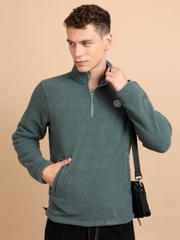 HIGHLANDER - Mens Green Solid High Neck Long Sleeves Sweatshirt