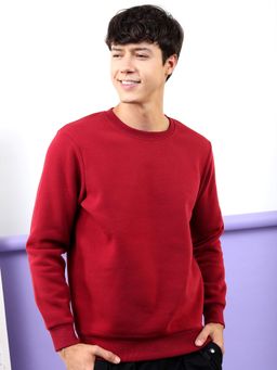 HIGHLANDER - Mens Red Solid Round Neck Pullover Sweatshirt