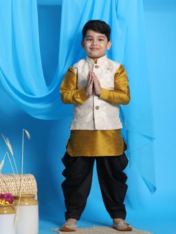Vastramay - Boys Mustard-beige & Black Jacket With Kurta & Dhoti (Set of 3)