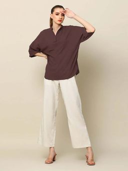 Saltpetre - Women Coffee Brown Mandarin Collar Top with Cream Leg Pant 2 Piece Set (Set of 2)