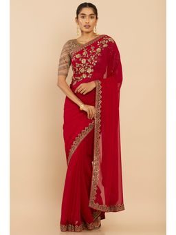 Soch - Women Red Georgette Floral Saree with Unstitched Blouse