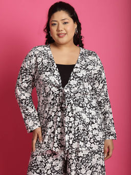 theRebelinme - Plus Size Women's Black White floral printed tie-up shrug