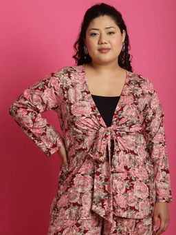 theRebelinme - Plus Size Women's Maroon Rose floral printed tie-up shrug