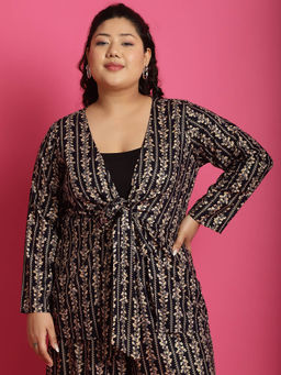 theRebelinme - Plus Size Women's Navy Gold floral printed tie-up shrug