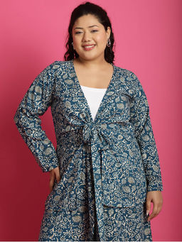 theRebelinme - Plus Size Women's Teal floral batik printed tie-up shrug