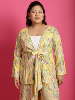 theRebelinme - Plus Size Women's Yellow Gold Foil printed tie-up shrug