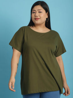 theRebelinme - Plus Size Women's Olive solid color cotton Round Neck T-Shirt
