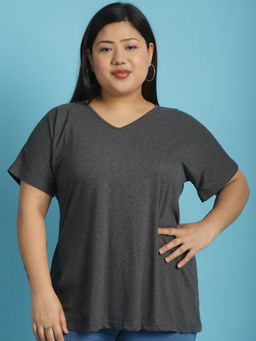 theRebelinme - Plus Size Women's Charcoal Grey solid color cotton V-Neck T-Shirt