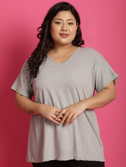 theRebelinme - Plus Size Women's Light Grey solid color cotton V-Neck T-Shirt