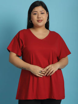 theRebelinme - Plus Size Women's Maroon solid color cotton V-Neck T-Shirt