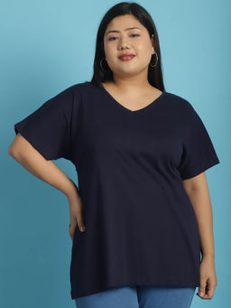 theRebelinme - Plus Size Women's Navy Blue solid color cotton V-Neck T-Shirt