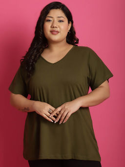 theRebelinme - Plus Size Women's Olive solid color cotton V-Neck T-Shirt