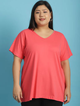 theRebelinme - Plus Size Women's Peach solid color cotton V-Neck T-Shirt