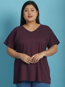 theRebelinme - Plus Size Women's Purple solid color cotton V-Neck T-Shirt