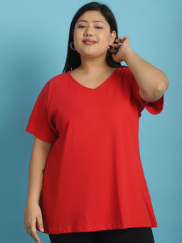 theRebelinme - Plus Size Women's Red solid color cotton V-Neck T-Shirt
