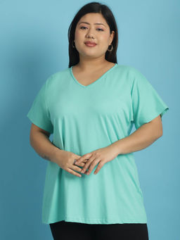 theRebelinme - Plus Size Women's Sea Green solid color cotton V-Neck T-Shirt