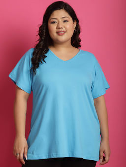 theRebelinme - Plus Size Women's Turq solid color cotton V-Neck T-Shirt