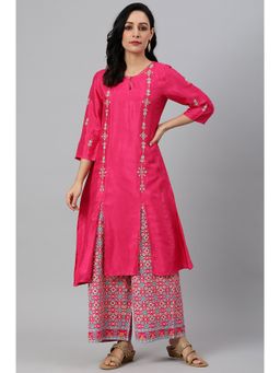W - Bright Pink Embroidered Kurta With Front Slits