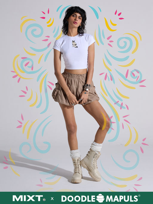 MIXT by Nykaa Fashion White Graphic Cat Print Half Sleeves Top