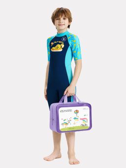Little Surprise Box - Navy Blue Duck Print Half Sleeve Kids Swimwear and Washbag