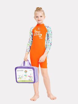 Little Surprise Box - Orange She's So Lucky Full Sleeve Kids Swimwear and Washbag