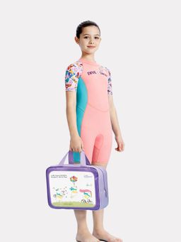 Little Surprise Box - Pink Toy Print Half Sleeve Kids Swimwear and Washbag