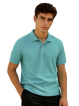 Nobero - Men Turquoise Blue Cotton Solid Polo T-Shirt
