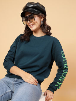 RIGO - Women Teal Oversized Printed Fleece Sweatshirt