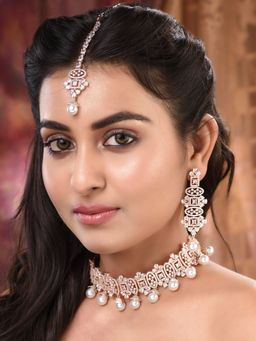 Saraf RS Jewellery - Rose Gold Toned White AD and Pearl Beaded Choker Jewellery Set with Mangtika