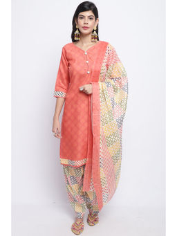 Rajnandini - Peach Cotton Printed Salwar Suit (Set of 3)