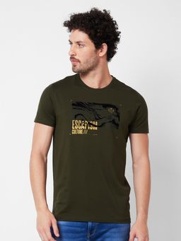 Spykar - Round Neck Half Sleeves Green T-Shirt for Men