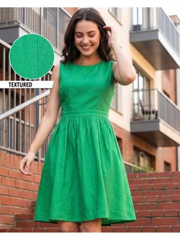 Bewakoof - Womens Green Textured Flared Knee Dress