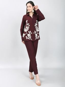 Monte Carlo - Women Regular Fit Embroidery Half Sleeve Collar Co-Ord Set - Purple